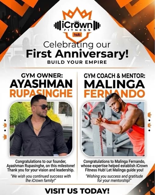 iCrown first anniversary poster featuring founder Ayeshman Rupasinghe and coach Malinga Fernando